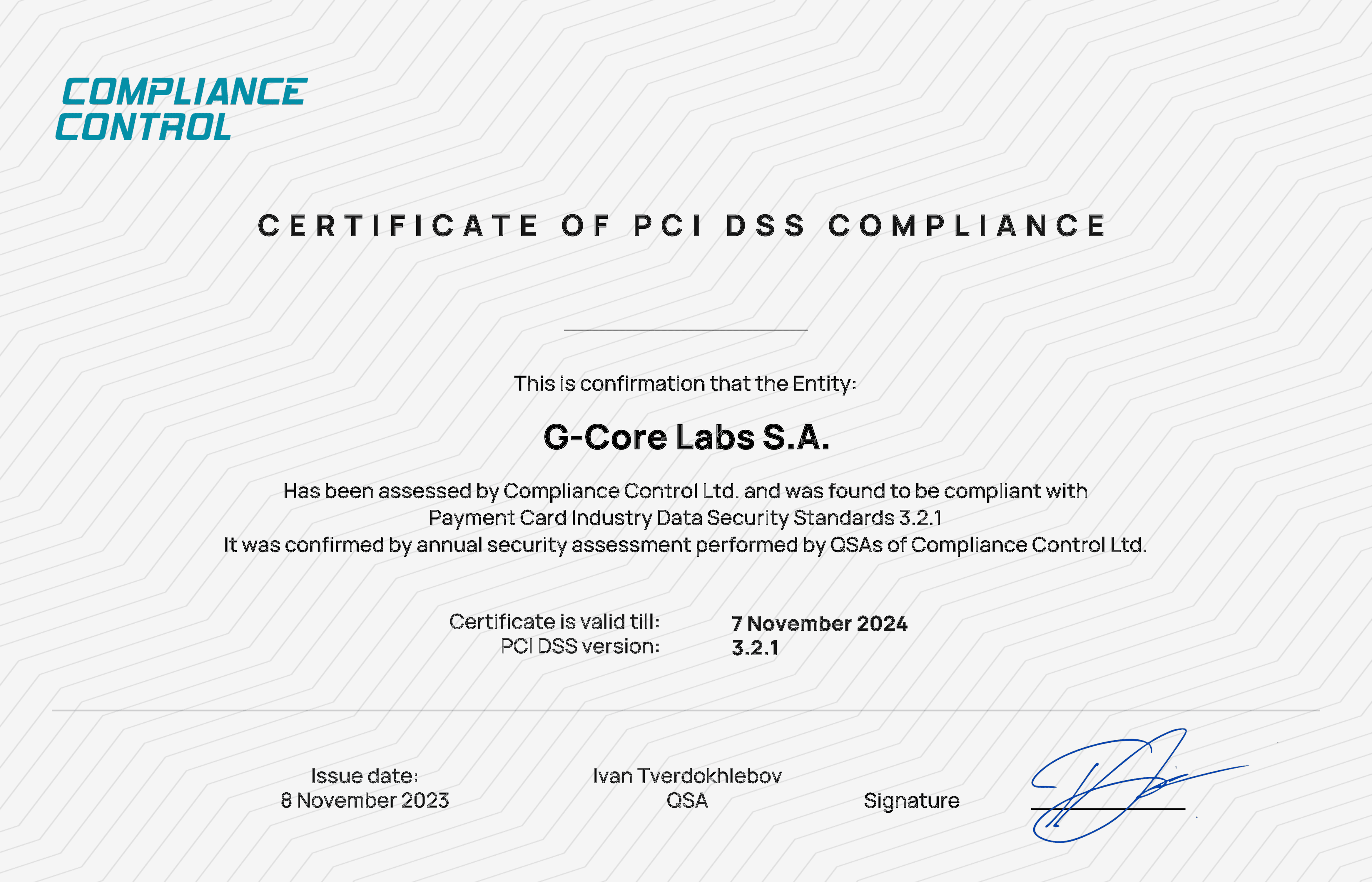 Certificate of PCI DSS Compliance